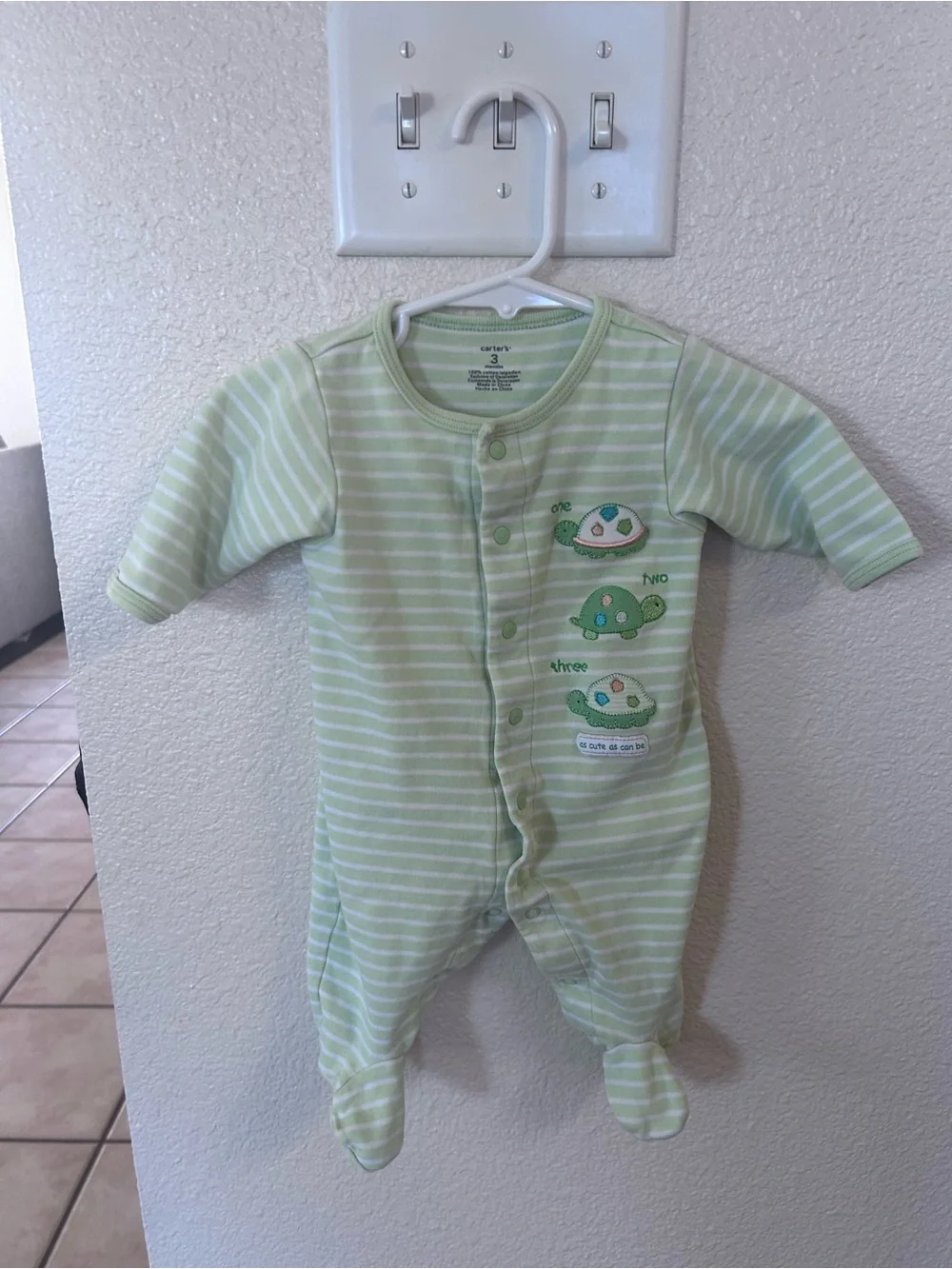 Carter's Light Green & White Striped Turtle Footed One-Piece